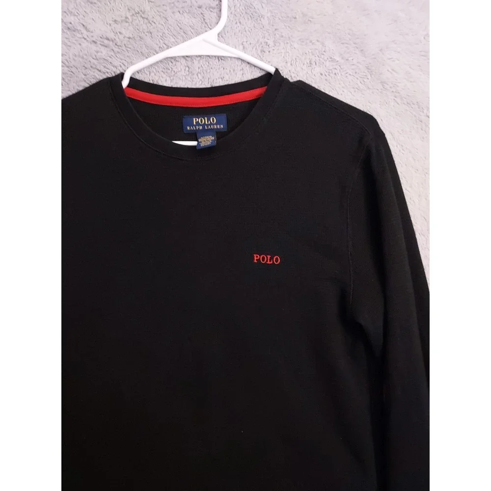 Polo Ralph Lauren Shirt Mens Medium Waffle Knit Thermal Black Red Pony Sleepwear